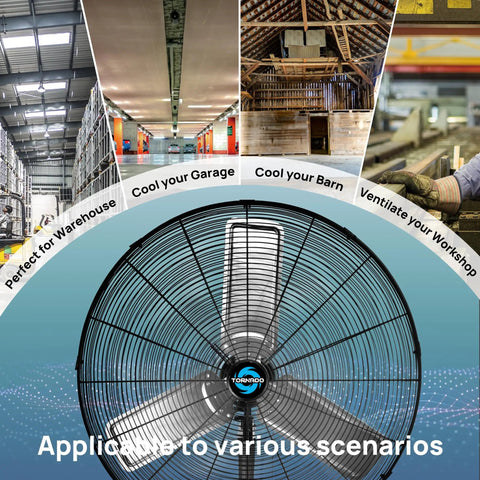 30 Inch High Velocity Wall Mount Fan For Industrial And Commercial Use Oscillating 2 Speed Delivers Up To 8400 CFM 1100 RPM in various settings