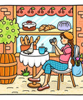 Woman enjoying coffee outside a bakery, featured in Coloring Book For Adults And Teens Featuring Cute Girly Scenes For Relaxation And Cozy Self Care With Stress Relief Mindful Downtime Slow Mornings Creative Hobbies Dream Destinations And Positive Vibes.