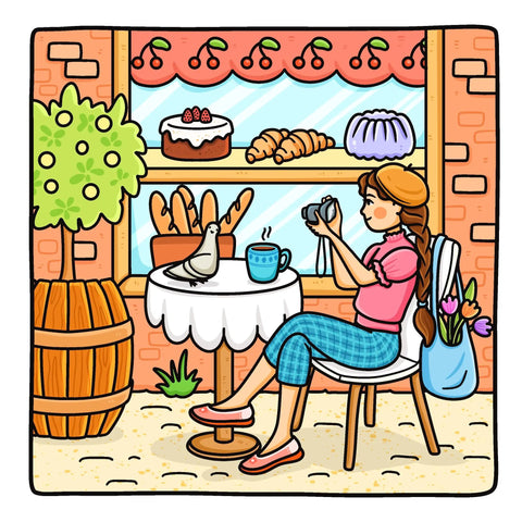 Woman enjoying coffee outside a bakery, featured in Coloring Book For Adults And Teens Featuring Cute Girly Scenes For Relaxation And Cozy Self Care With Stress Relief Mindful Downtime Slow Mornings Creative Hobbies Dream Destinations And Positive Vibes.