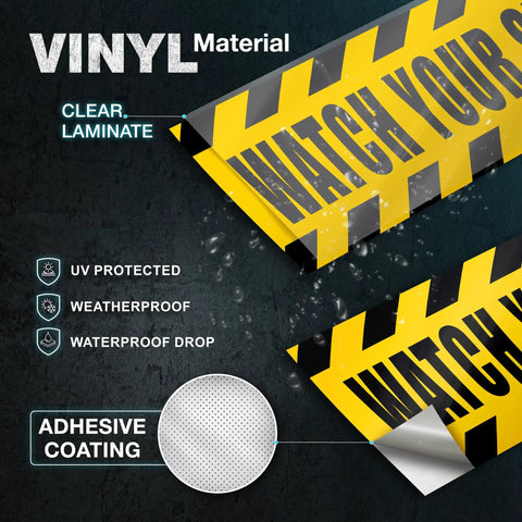 Caution Floor Decals 10x3 Inches Yellow Reflective Stickers For Steps Waterproof Self Adhesive Signage Watch Your Step With Bold Black Lettering And Diagonal Stripes Two Pack, close-up showing vinyl material and adhesive backing.