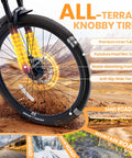 Front wheel of Kids 24 Inch Mountain Bike With Front Suspension, 21 Speed Drivetrain, Dual Disc Brakes, on all-terrain surface