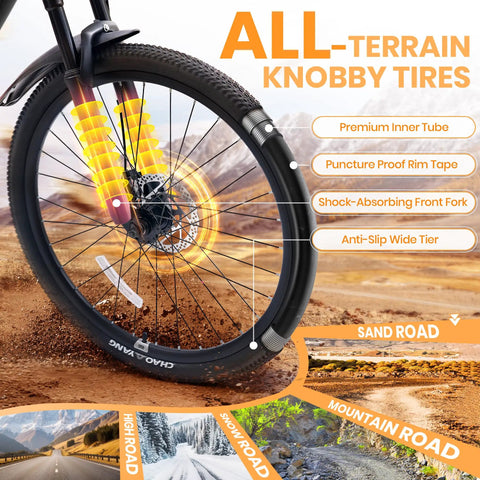 Front wheel of Kids 24 Inch Mountain Bike With Front Suspension, 21 Speed Drivetrain, Dual Disc Brakes, on all-terrain surface