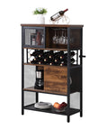 Industrial Wood And Metal Bar Cabinet With Built In Wine Rack For Liquor And Glasses, Modern Kitchen Sideboard showcasing wine storage and glassware.