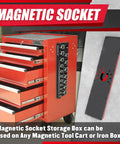 Magnetic Socket Organizer Set 8 Piece For SAE And Metric Deep And Shallow Sockets Holds 199 Sockets One Half Inch One Quarter Inch Three Eighths Inch ABS Material Tray Holder Kit Sockets Not Included attached to tool cart