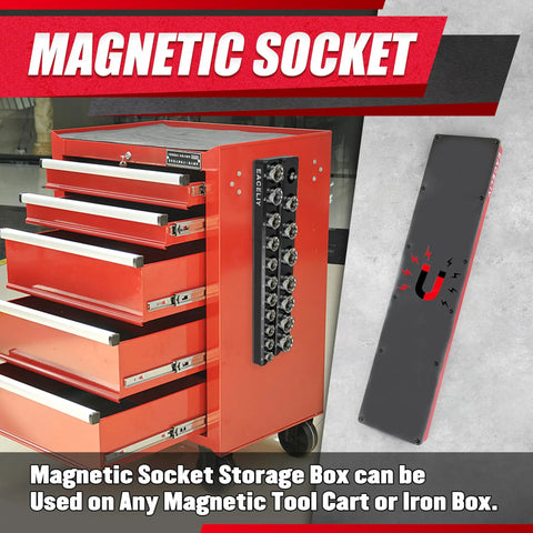 Magnetic Socket Organizer Set 8 Piece For SAE And Metric Deep And Shallow Sockets Holds 199 Sockets One Half Inch One Quarter Inch Three Eighths Inch ABS Material Tray Holder Kit Sockets Not Included attached to tool cart