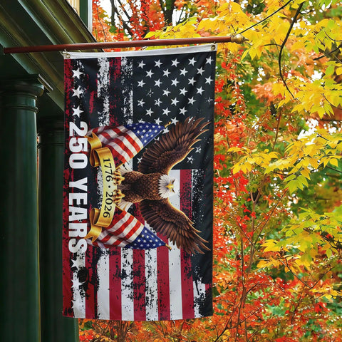 250th Anniversary USA Flag 3 By 5 Foot Double Sided All American Flag Commemorating 1776 To 2026 With UV Protection Weather Resistant Nylon displayed outside among fall trees