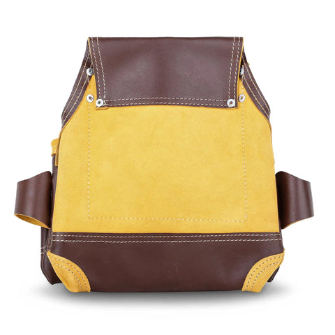 Front view of Oil Tanned Leather Nail Pouch Bag in cherry with 5 pockets and 2 snap loops for carpenters and handymen.