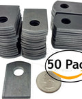Heavy Duty Steel Weld Tabs One Inch Wide One Half Inch High Three Eighth Inch Hole One Eighth Thick Silver Fifty Pack stacked with quarter for size comparison.