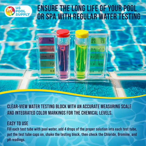 Professional Three Way Swimming Pool And Spa Water Test Kit For Liquid Drop Analysis Of pH Chlorine And Bromine Levels in clear testing block.