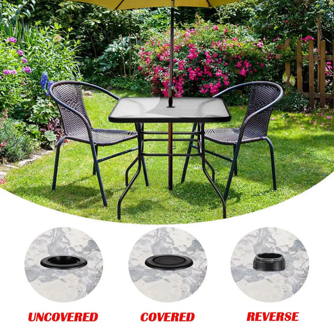 Easy Fit Patio Table Umbrella Hole Ring Plug Cap Set For Outdoor Parasol Hole Cover Insert Pole Replacement Stabilizer Parts Black Designed To Fit 1.63 Inch Inner Ring Diameter Or Smaller For 2 Inch Holes On Glass Iron And Wood Desktops on table with garden setting