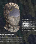 Camo Balaclava Face Mask With Mesh Breathable Holes For Men And Women, size chart showing measurements, ultralight windproof UV protection