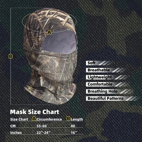 Camo Balaclava Face Mask With Mesh Breathable Holes For Men And Women, size chart showing measurements, ultralight windproof UV protection