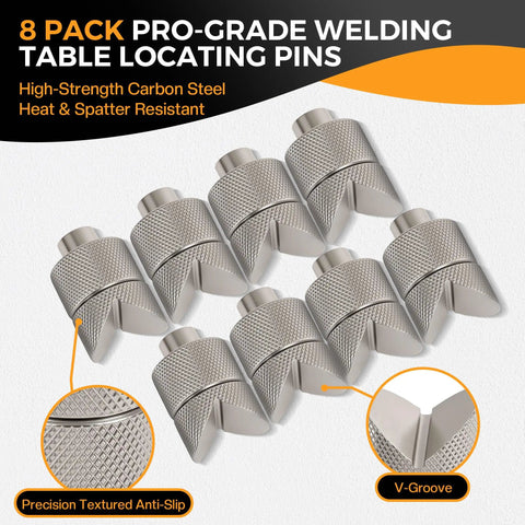 8 Pack Welding Table Fixture Pins with adjustable height and anti-slip grip made from heavy duty carbon steel for V-groove round tubing.