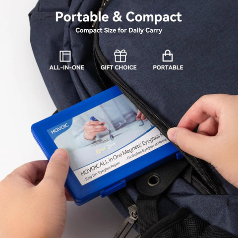 Person placing Travel Ready All In One Magnetic Eyeglasses Repair Kit into backpack, showcasing portable case for quick fixes on the go.