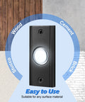 Lighted Metal Door Bell Push Button For Home And Garage Vintage Style LED Door Bell Button Wall Mounted Door Bell Switch With Night Light Easy Install Black highlighted against wood, cement, stucco, and brick surfaces