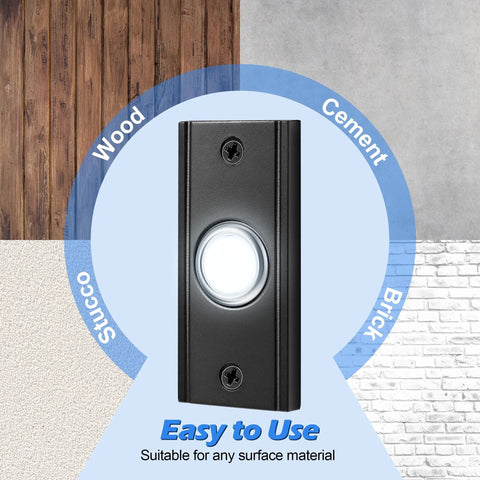 Lighted Metal Door Bell Push Button For Home And Garage Vintage Style LED Door Bell Button Wall Mounted Door Bell Switch With Night Light Easy Install Black highlighted against wood, cement, stucco, and brick surfaces