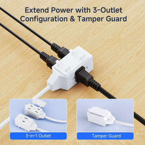 25 Ft 16 AWG Two Prong To Three Outlet Indoor Extension Cord With Tamper Guard, 13A 1625W White shown with outlets