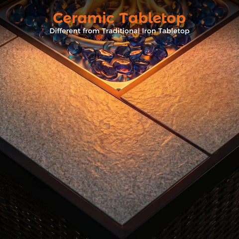 Propane Gas Fire Pit Table 32 Inch Square Outdoor Patio Brown with 50,000 BTU Stainless Steel Burner and Glass Stones Ceramic Top