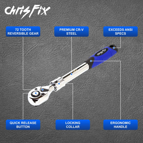 Three Piece Extendable Ratchet Set With Half Inch Drive, Three Eighths Inch Drive, And Quarter Inch Drive, ergonomic handle