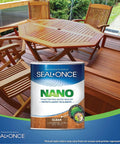 Clear Wood Sealer For Outdoor Projects A Water Based Nano Penetrating Sealant That Waterproofs Decks Fences Siding Logs And Outdoor Furniture Odorless And Easy To Apply One Gallon on a wooden deck with furniture.