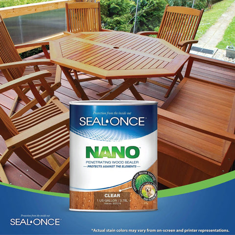 Clear Wood Sealer For Outdoor Projects A Water Based Nano Penetrating Sealant That Waterproofs Decks Fences Siding Logs And Outdoor Furniture Odorless And Easy To Apply One Gallon on a wooden deck with furniture.