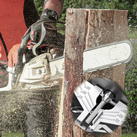 8 Piece Diamond Chainsaw Sharpener Burr Stone Files Set Built Tough For Real Pro Grade Sharpening Power Heavy Duty Titanium Plated Three Sixteenths Inch High Hardness Diamond Wheels For Electric Chainsaw Sharpener shown in use with electric chainsaw on wood.