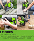 Four images showing Beast Of A Cordless Rotary Hammer Drill With Brushless 24V Motor 2 Joule Impact SDS Plus in various drilling modes.