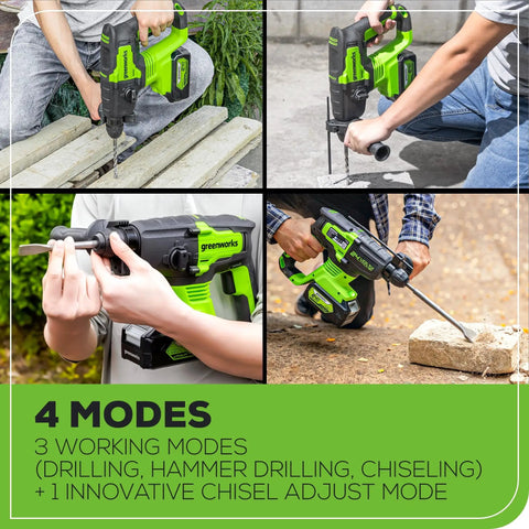 Four images showing Beast Of A Cordless Rotary Hammer Drill With Brushless 24V Motor 2 Joule Impact SDS Plus in various drilling modes.