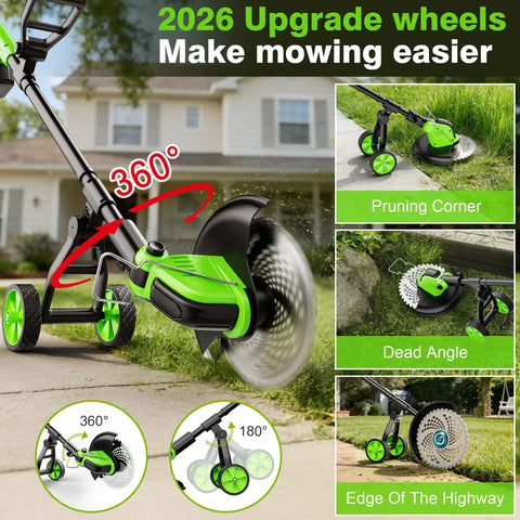 Beast 12 Inch Cordless Weed Wacker With 4 In 1 Cutting Power, showing 360-degree rotation and usage on sidewalk edge