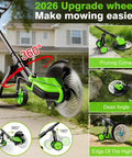 Cordless Weed Wacker With Wheels showcasing 360-degree rotation and pruning features; includes wheeled base and cutting edge.