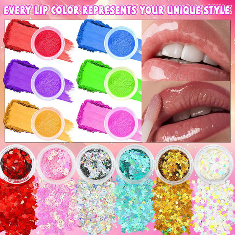 DIY Lip Gloss Making Kit 74 Piece Pink Craft Set with colorful pigment powders and glitter sequins for custom lip gloss creation