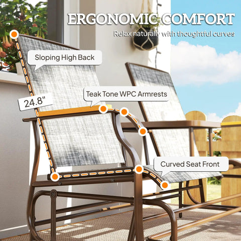 Ergonomic design of Two Person Outdoor Glider Bench With Built In Table For Patio Hangout Or Porch Gray Swing Loveseat