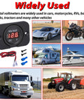 Straight Shooter DC 12V And 24V Digital Volt Gauge Meter displayed with various vehicles including cars, motorcycles, RVs, and trucks.