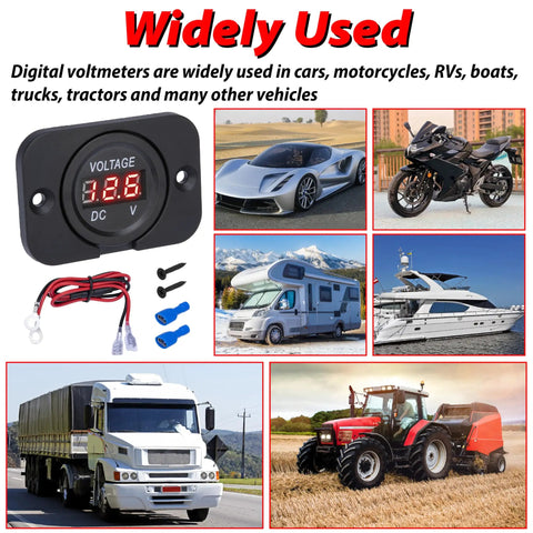 Straight Shooter DC 12V And 24V Digital Volt Gauge Meter displayed with various vehicles including cars, motorcycles, RVs, and trucks.