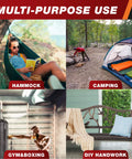 Multi-purpose use collage showing hammock, camping tent, gym with boxing bag, and porch swing for DIY handwork.