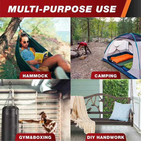 Multi-purpose use collage showing hammock, camping tent, gym with boxing bag, and porch swing for DIY handwork.