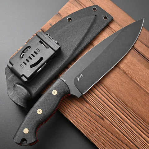 Fixed Blade Knife With AUS-10 Steel, Black Carbon Fiber Handle, Full Tang, And Sheath For Outdoor Camping And Hunting