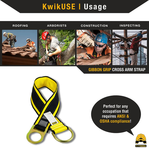 Gibbon Grip 3 Foot Heavy Duty Pro Grade Safety Anchor Cross Arm Strap for Fall Arrest shown in various usage scenarios.