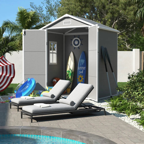 Outdoor Resin Storage Shed 6 By 4.5 Feet Lockable Plastic Garden Shed for bikes and tools, gray and white, in backyard setting