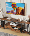 Industrial Rustic Brown TV Stand With Two Fabric Drawers And Open Shelving Spacious 55 Inch Entertainment Console displaying media equipment and decor.