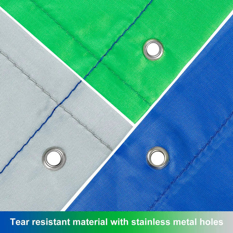 Close-up of swing set replacement tarp 52 x 90 inches, green, gray, and blue colors, with stainless metal holes for playset canopy.