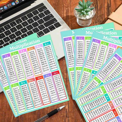 Multiplication Chart Stickers 4 By 5 Inch Large Educational Math Labels For Kids 50 Pack Classroom Posters on a desk