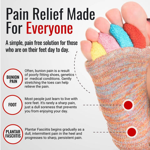 Foot Alignment Socks With Toe Separators For Men And Women in multicolor, promoting toe alignment for pain relief, shown close-up.