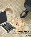 Five Piece Step Drill Bit Set For Metal With Titanium Coating Includes Five Step Bits Ranging From Small To Large Plus Five Countersink Bits Center Punch And Aluminum Case Replacing Fifty Traditional Drill Bits For DIY Projects And Home Repairs with aluminum case shown open next to drilled wood hole.