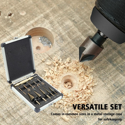 Five Piece Step Drill Bit Set For Metal With Titanium Coating Includes Five Step Bits Ranging From Small To Large Plus Five Countersink Bits Center Punch And Aluminum Case Replacing Fifty Traditional Drill Bits For DIY Projects And Home Repairs with aluminum case shown open next to drilled wood hole.