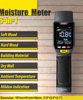 Six In One Pinless Moisture Meter For Drywall And More, Noninvasive Humidity Sensor With Gypsum Cement Board Cork Hardwood Mildew Index, Surface Safe, No Pinholes Or Scratches, Fast Accurate Readouts, 197mm handheld display