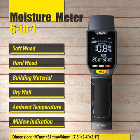 Six In One Pinless Moisture Meter For Drywall And More, Noninvasive Humidity Sensor With Gypsum Cement Board Cork Hardwood Mildew Index, Surface Safe, No Pinholes Or Scratches, Fast Accurate Readouts, 197mm handheld display