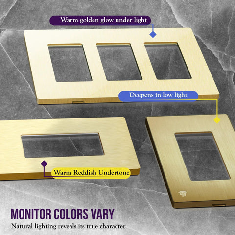 Elite Series Screwless Decorator Wall Plate In Brushed Gold showing color variations in different lighting conditions, 1-Gang.