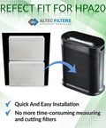 Image of Premium Replacement Filters Bundle For Honeywell HPA Series Air Purifiers Featuring 2 HEPA Filters And 4 Activated Carbon Prefilters HRF R2 Compatible For HPA200 HPA204 HPA250B showing 2 HEPA filters next to air purifier.