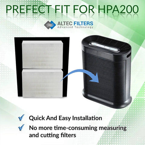 Image of Premium Replacement Filters Bundle For Honeywell HPA Series Air Purifiers Featuring 2 HEPA Filters And 4 Activated Carbon Prefilters HRF R2 Compatible For HPA200 HPA204 HPA250B showing 2 HEPA filters next to air purifier.
